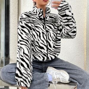 SHEIN Drop Shoulder Zebra Faux Fur Coat